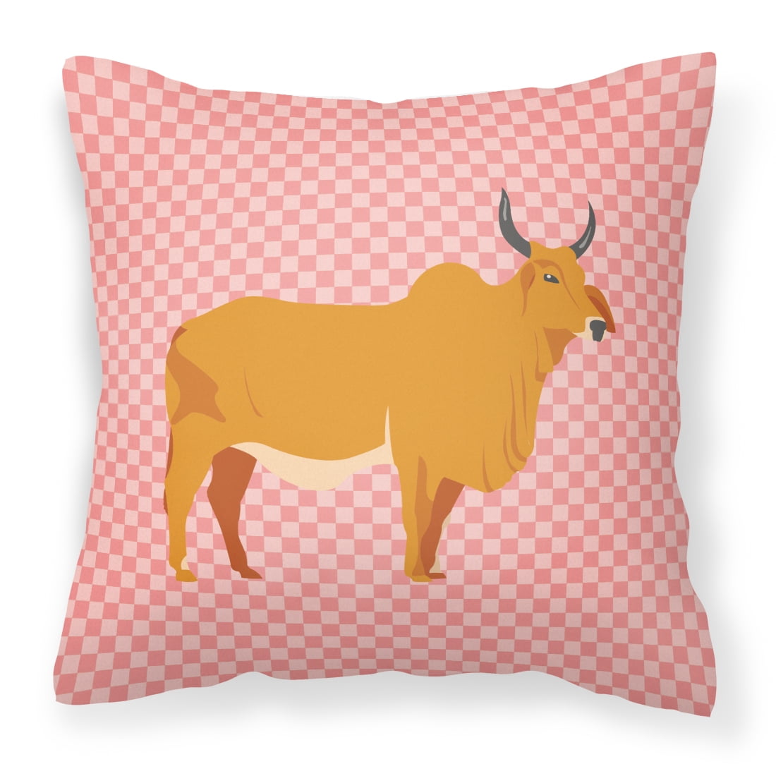 Zebu Indicine Cow Pink Check Fabric Decorative Pillow - 14 x 14 in.