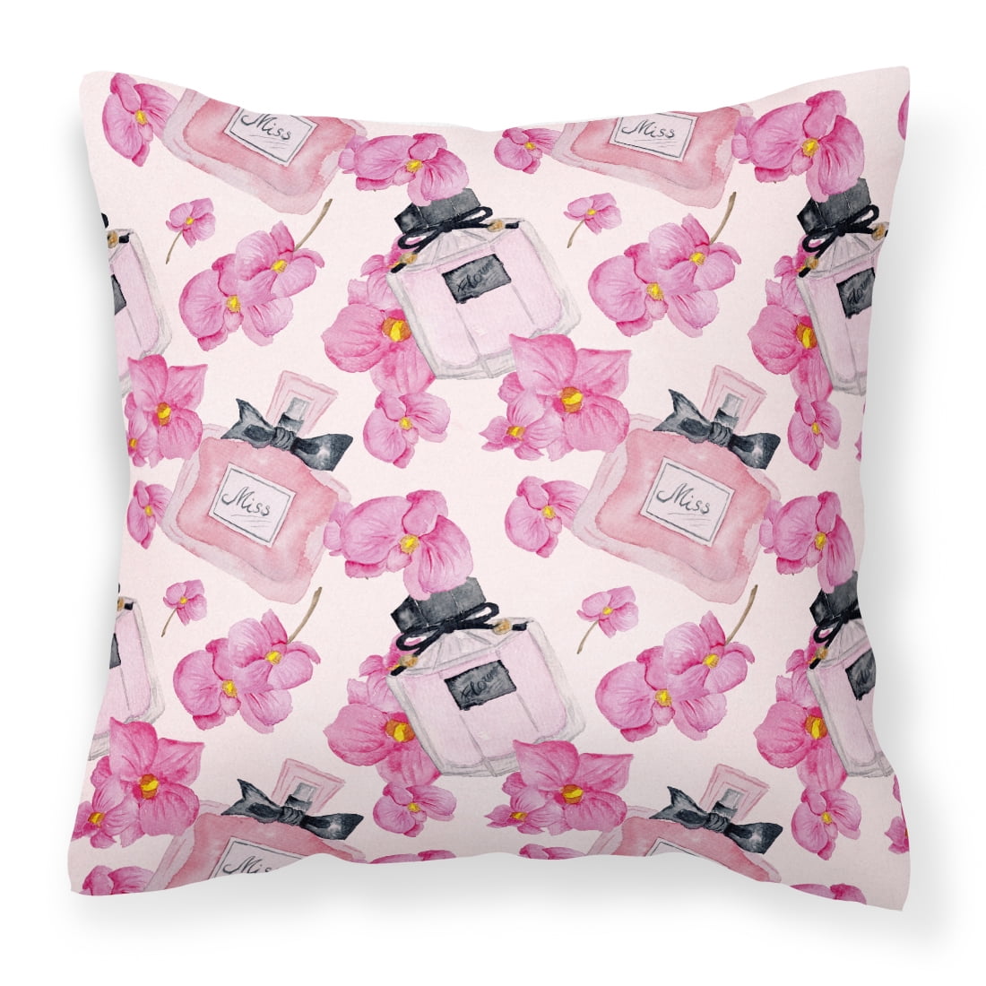Watercolor Pink Flowers & Perfume Fabric Decorative Pillow - 14 x 14 in.