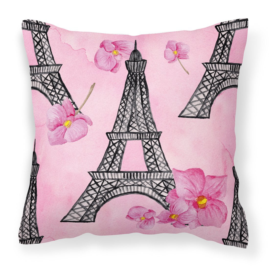 Watercolor Pink Flowers & Eiffel Tower Fabric Decorative Pillow - 14 x 14 in.