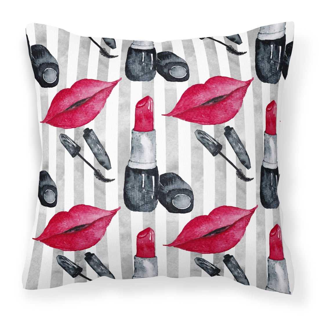 Watercolor Lipstick & Grey Stripes Fabric Decorative Pillow - 14 x 14 in.