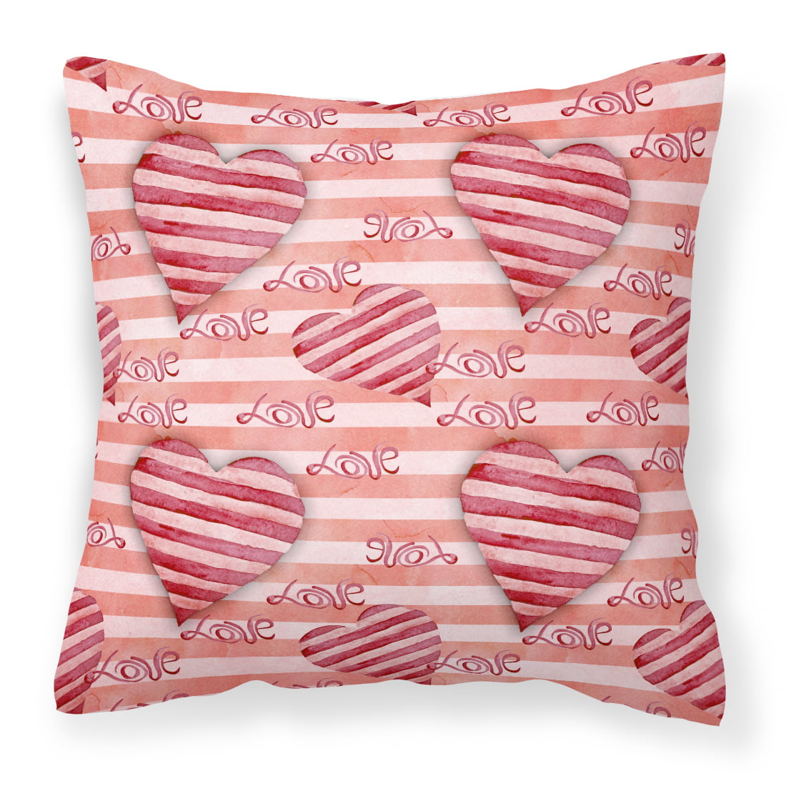 Watercolor Red Striped Hearts Fabric Decorative Pillow - 14 x 14 in.