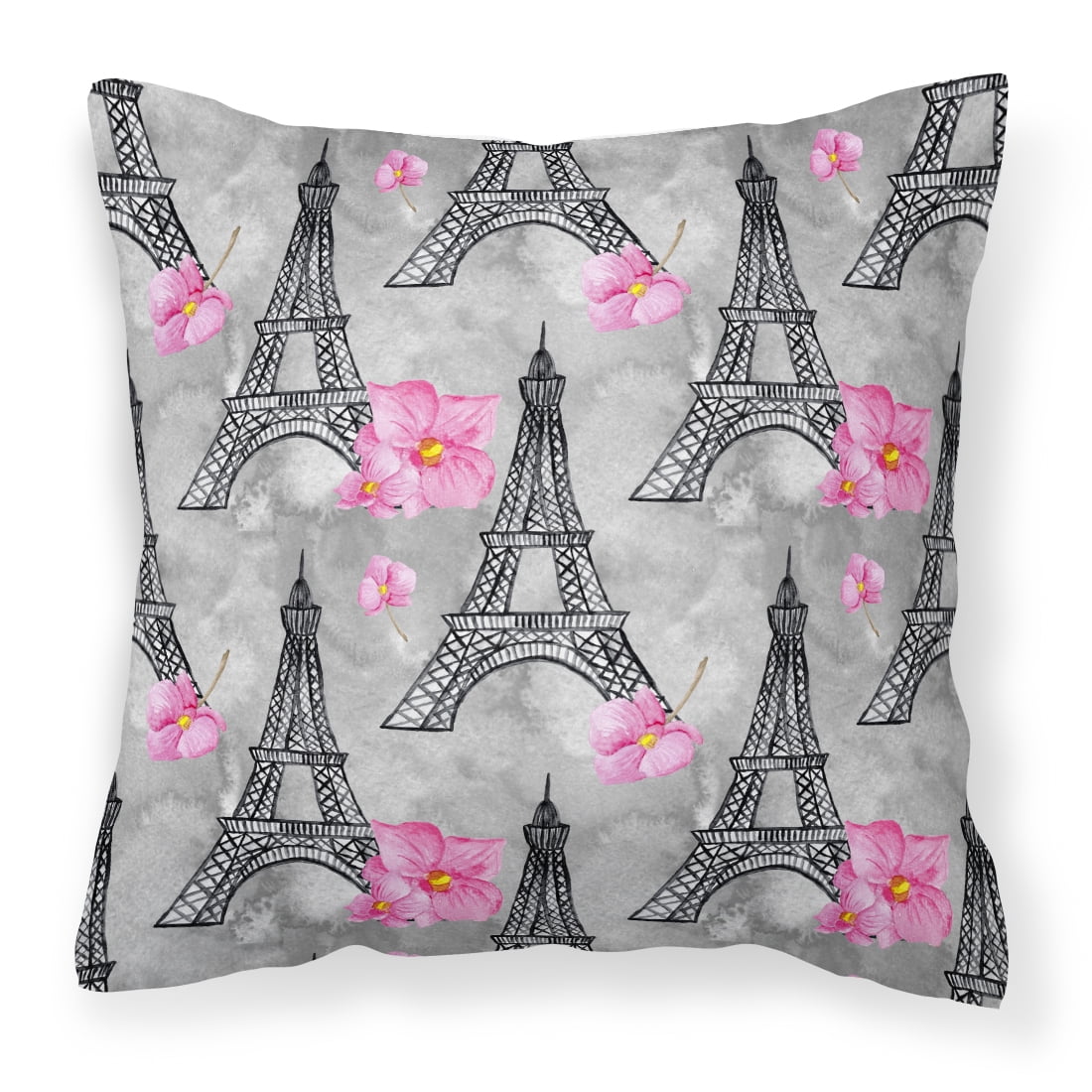 Watercolor Pink Flowers Eiffel Tower Fabric Decorative Pillow - 18 x 18 in.