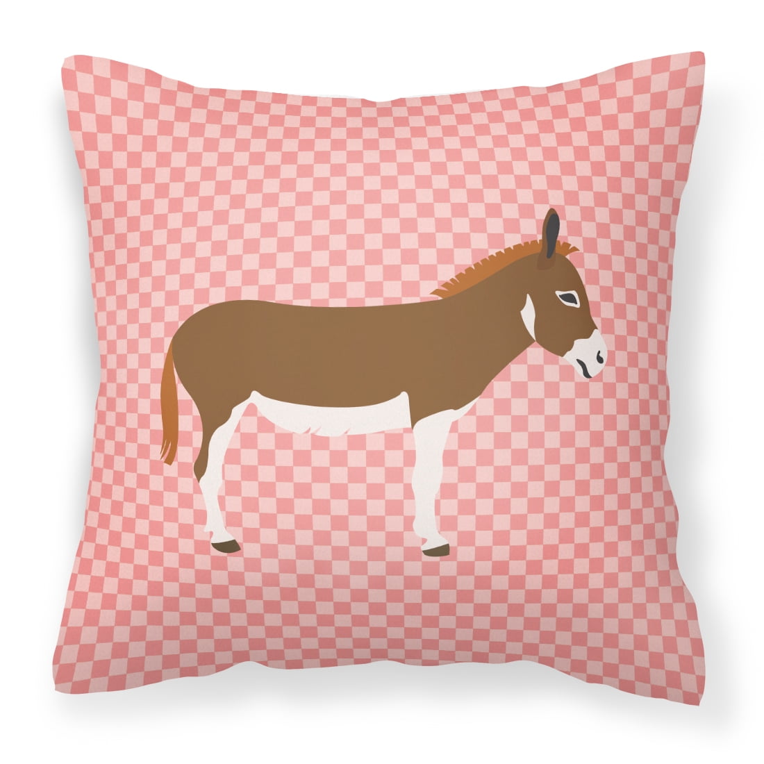 Miniature Mediterranian Donkey Pink Check Fabric Decorative Pillow - 14 x 14 in.
