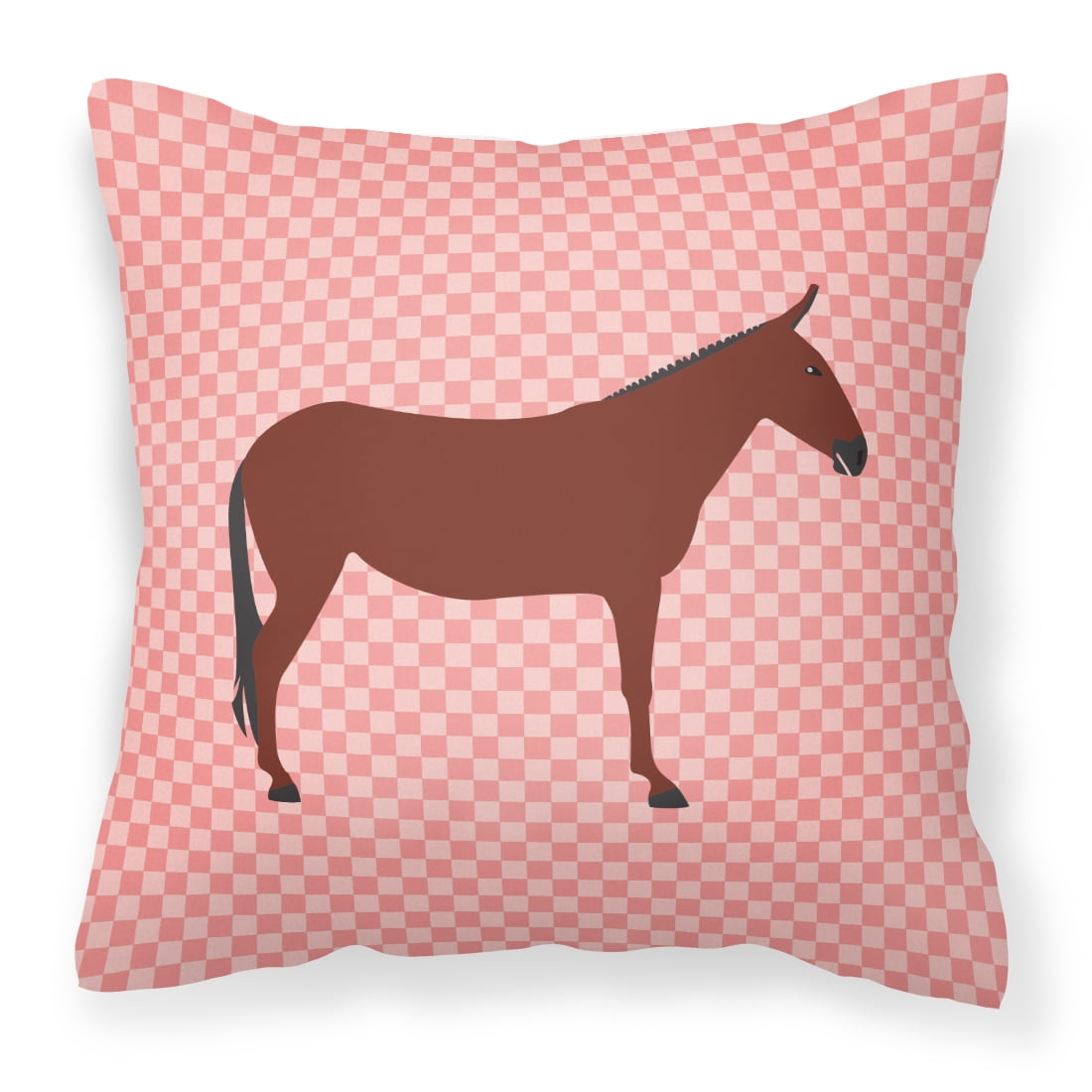 Hinny Horse Donkey Pink Check Fabric Decorative Pillow - 14 x 14 in.