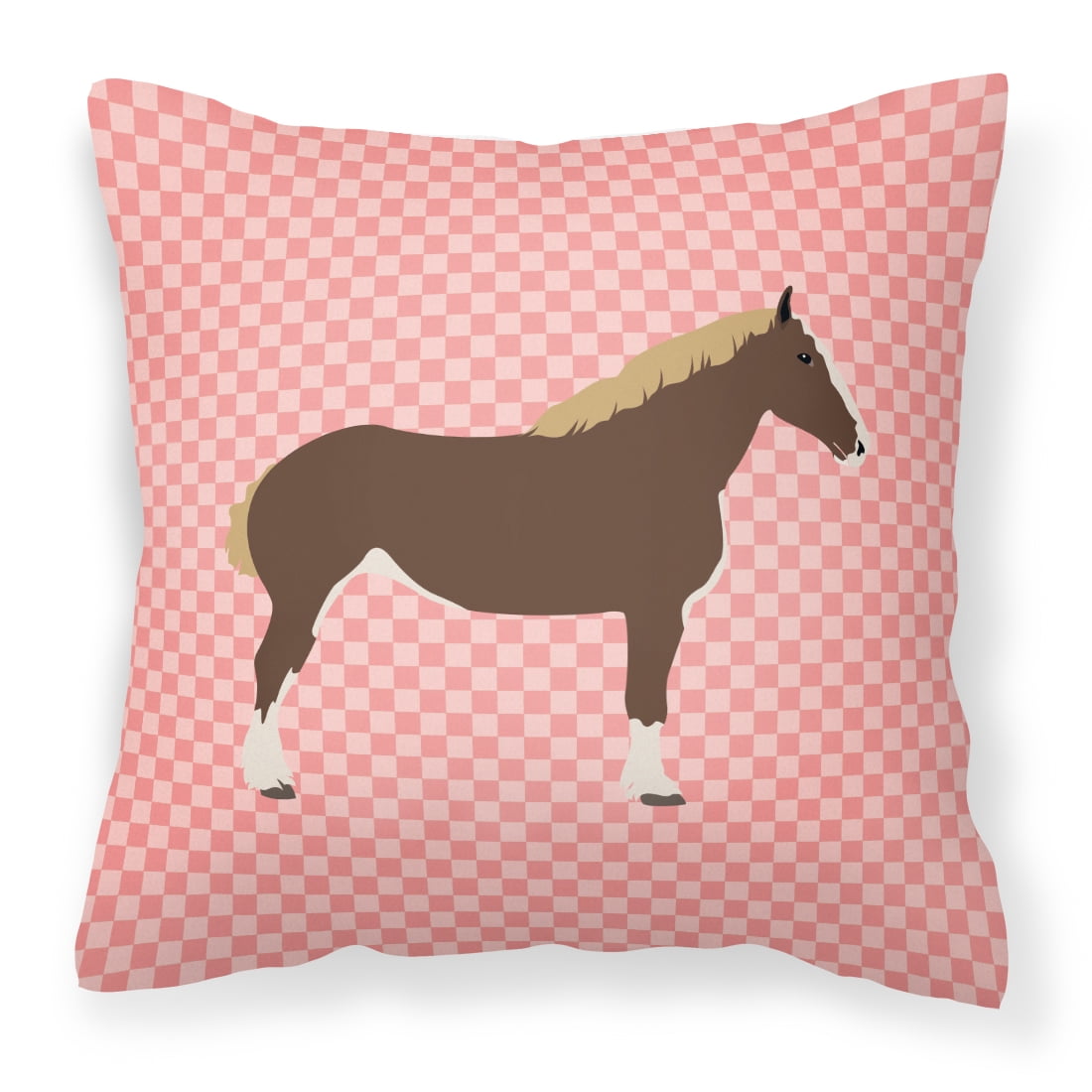 Percheron Horse Pink Check Fabric Decorative Pillow - 14 x 14 in.