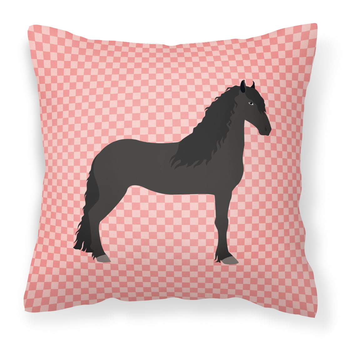 Friesian Horse Pink Check Fabric Decorative Pillow, 14 x 14 in.