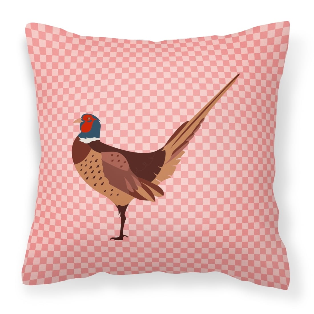 BB7930PW1414 Ring Necked Common Pheasant Pink Check Fabric Decorative Pillow, 14 x 14 in.