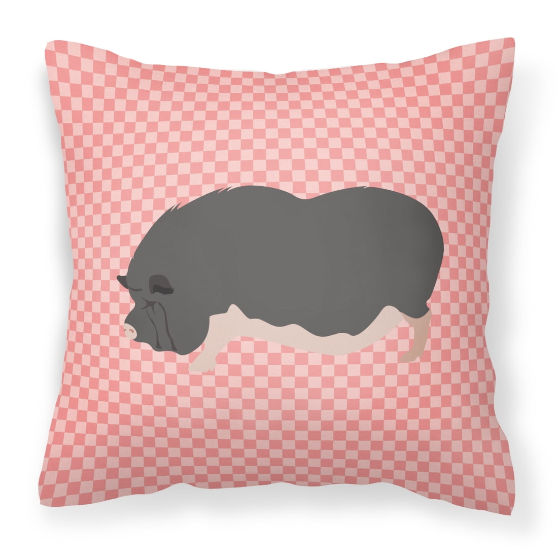 Vietnamese Pot-Bellied Pig Pink Check Fabric Decorative Pillow - 14 x 14 in.