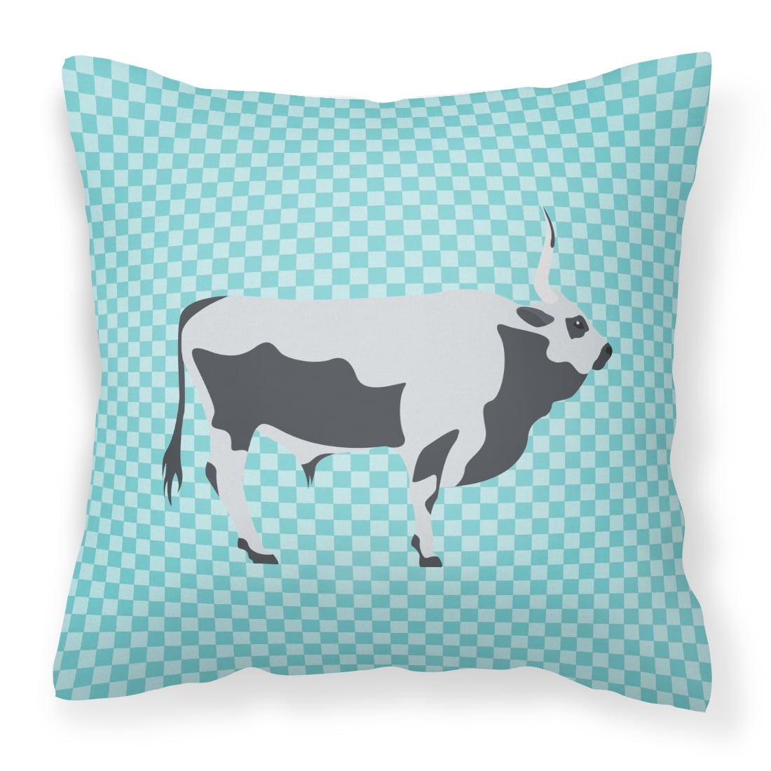 Hungarian Grey Steppe Cow Blue Check Fabric Decorative Pillow - 14 x 14 in.