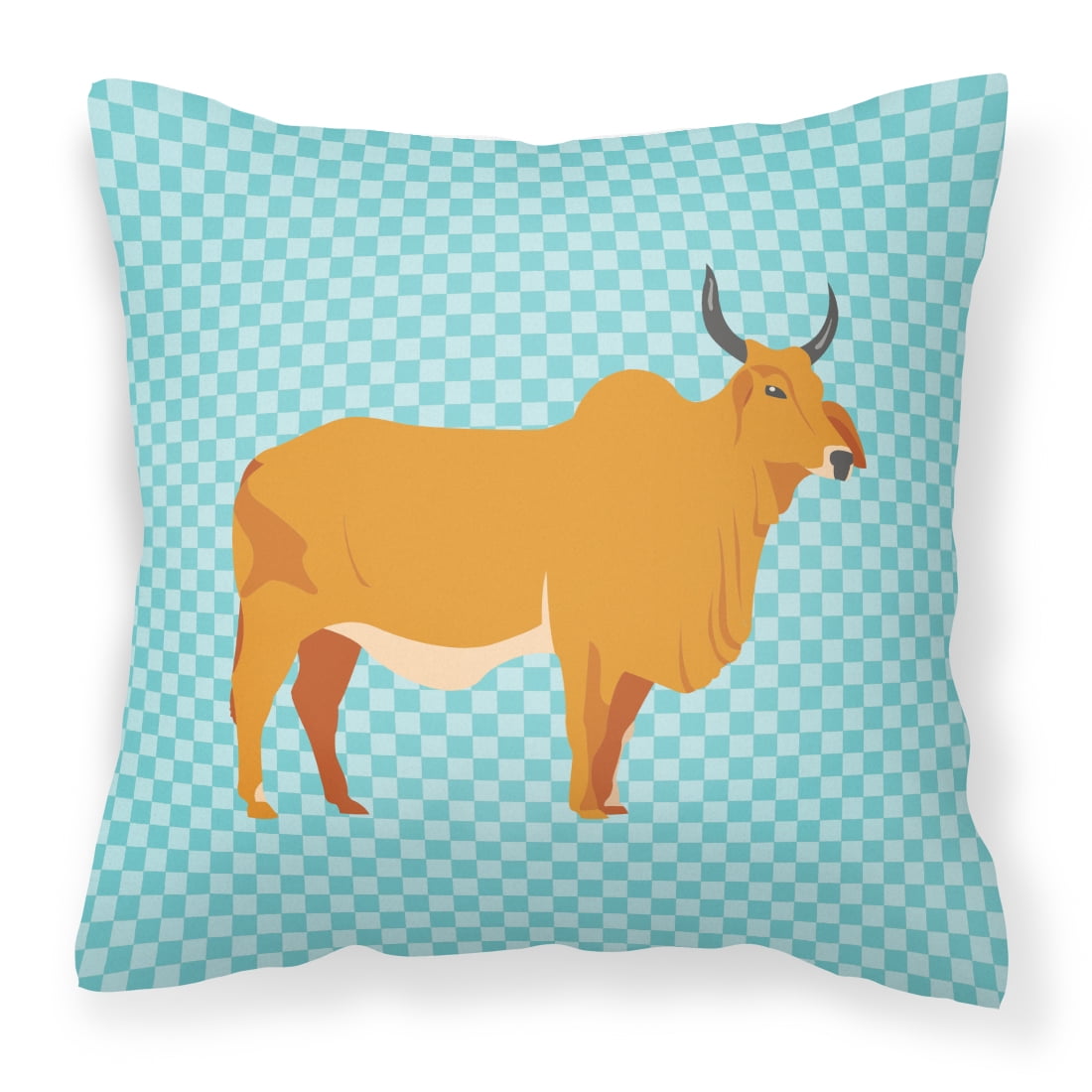 Zebu Indicine Cow Blue Check Fabric Decorative Pillow, 14 x 14 in.