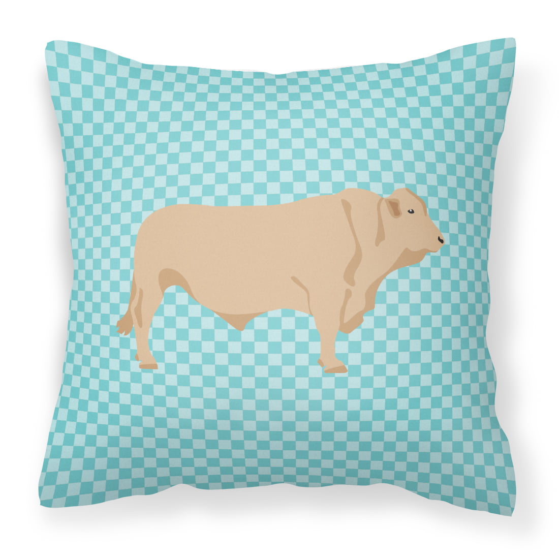 Charolais Cow Blue Check Fabric Decorative Pillow - 14 x 14 in.