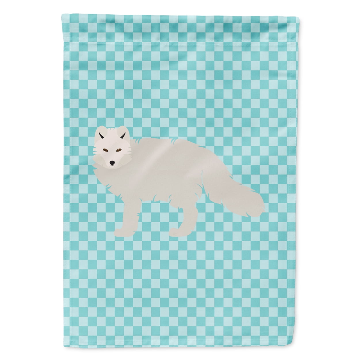 White Arctic Fox Blue Check Flag Garden Size