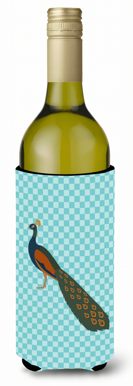 Picture of Carolines Treasures BB8099LITERK Indian Peacock Peafowl Blue Check Wine Bottle Beverge Insulator Hugger