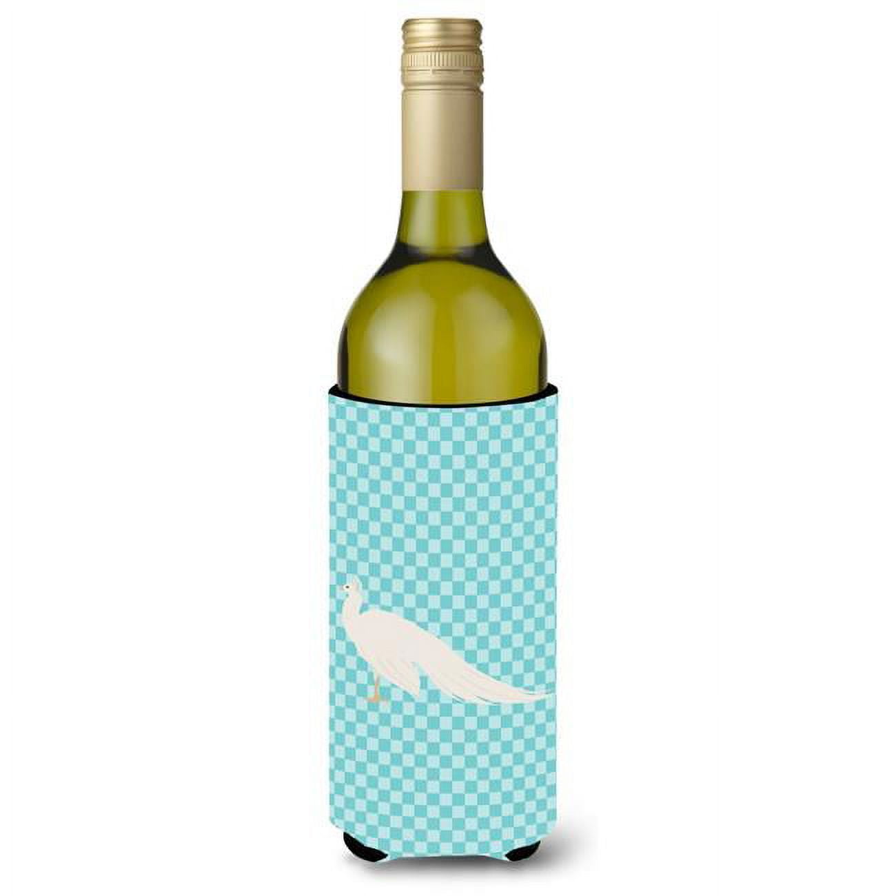 Picture of Carolines Treasures BB8100LITERK White Peacock Peafowl Blue Check Wine Bottle Beverge Insulator Hugger