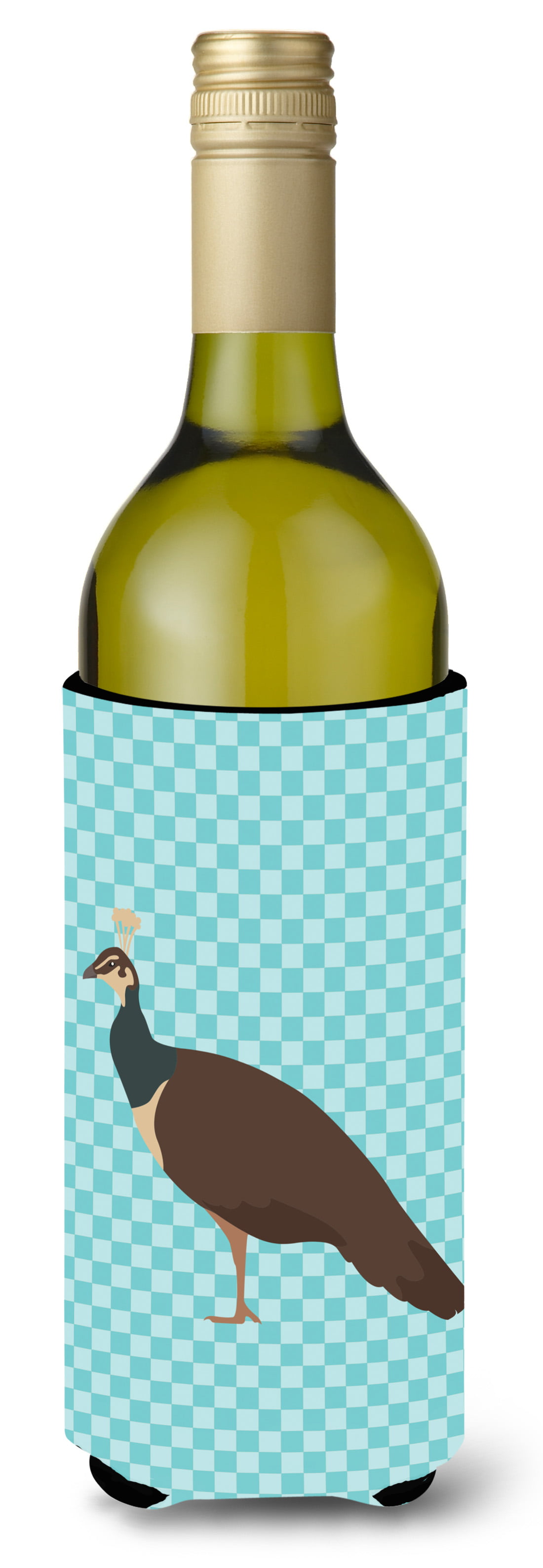 Picture of Carolines Treasures BB8101LITERK Indian Peahen Peafowl Blue Check Wine Bottle Beverge Insulator Hugger