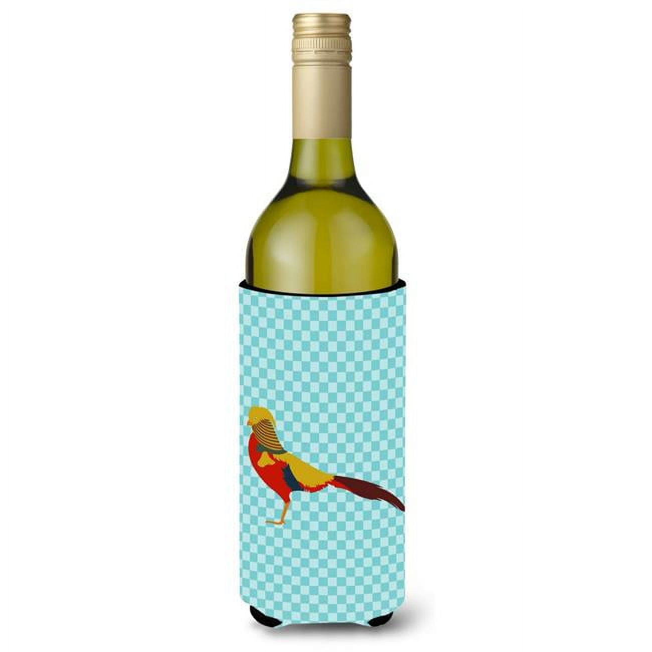 Picture of Carolines Treasures BB8102LITERK Golden or Chinese Pheasant Blue Check Wine Bottle Beverge Insulator Hugger