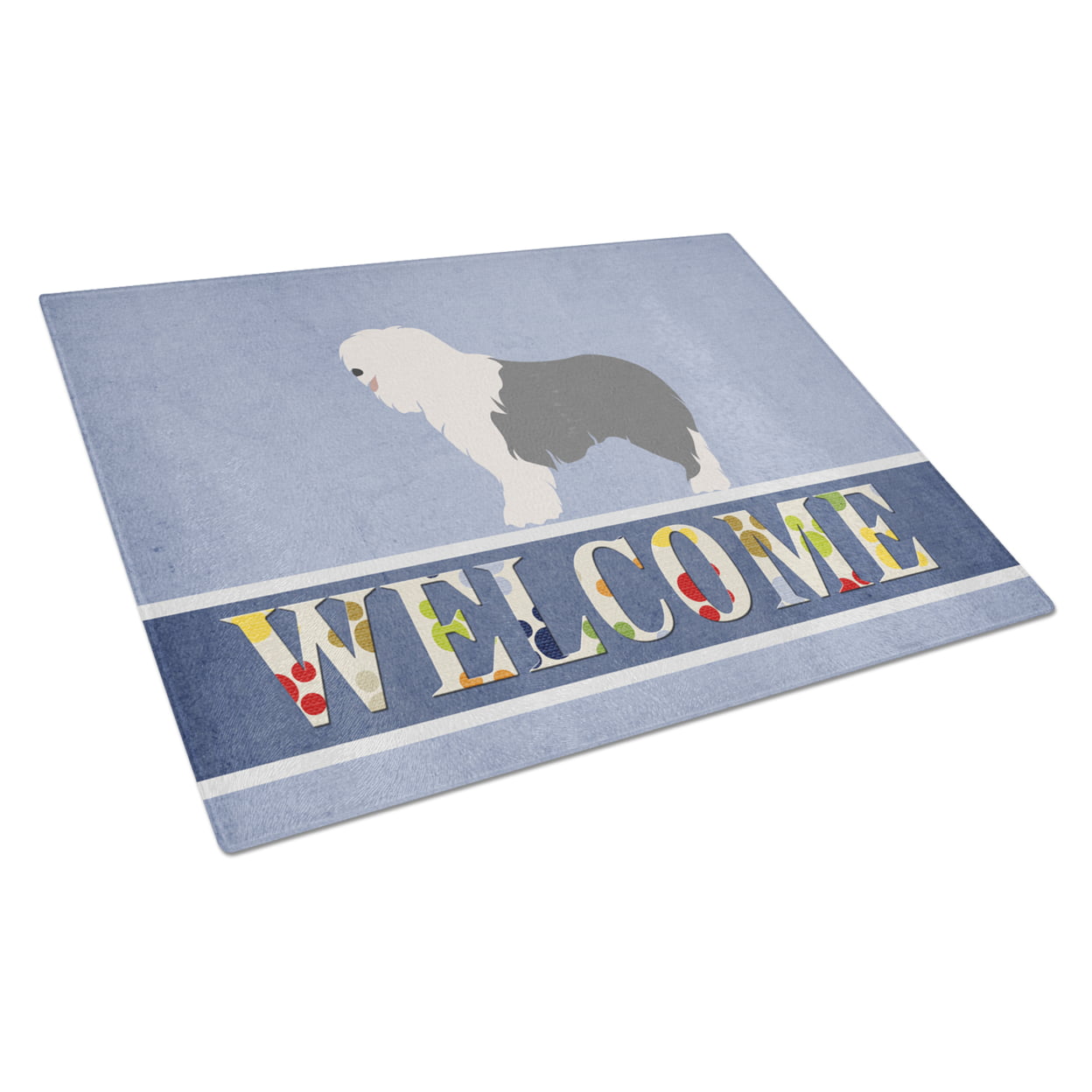 BB8304LCB Old English Sheepdog Welcome Glass Cutting Board - Large
