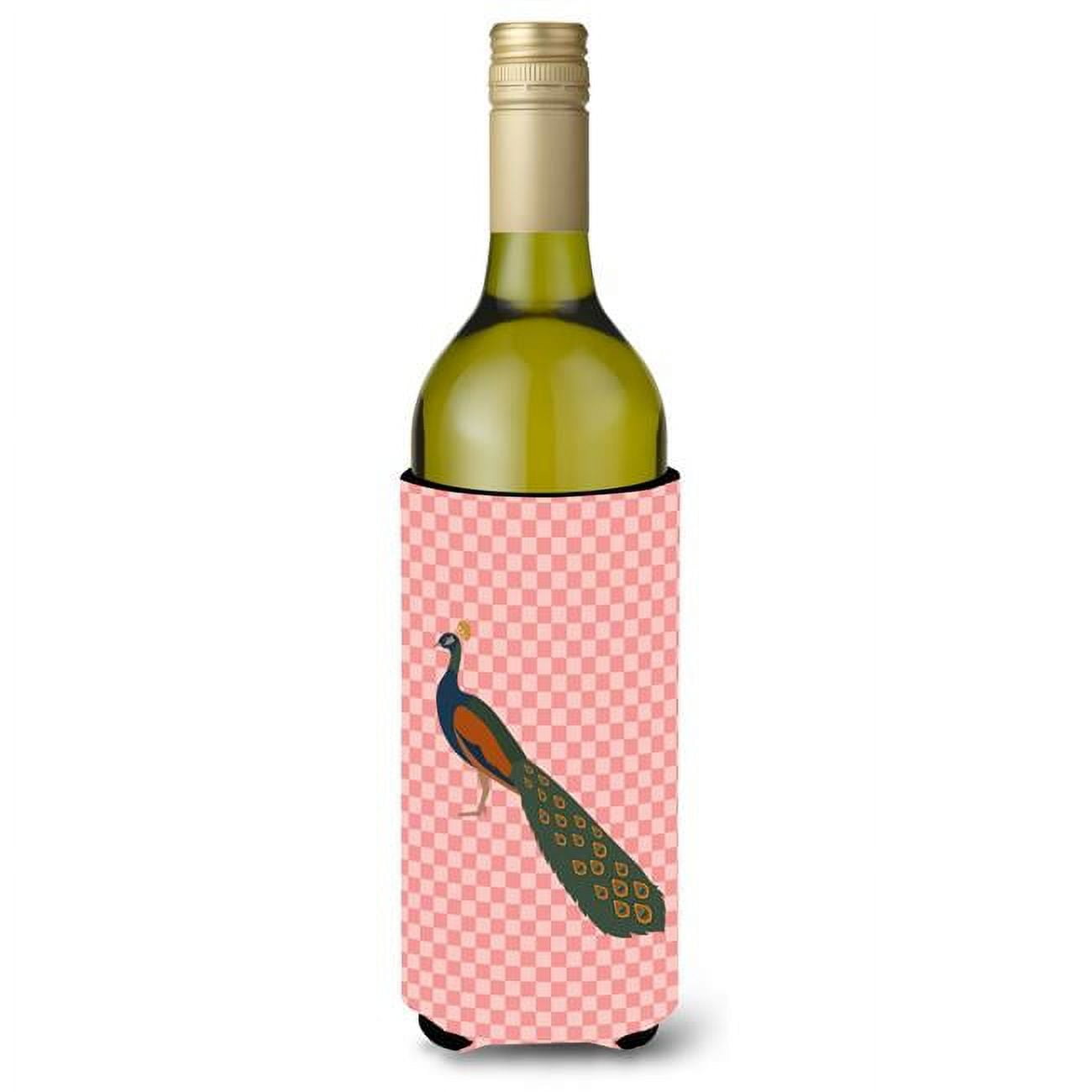 Picture of Carolines Treasures BB7925LITERK Indian Peacock Peafowl Pink Check Wine Bottle Beverge Insulator Hugger