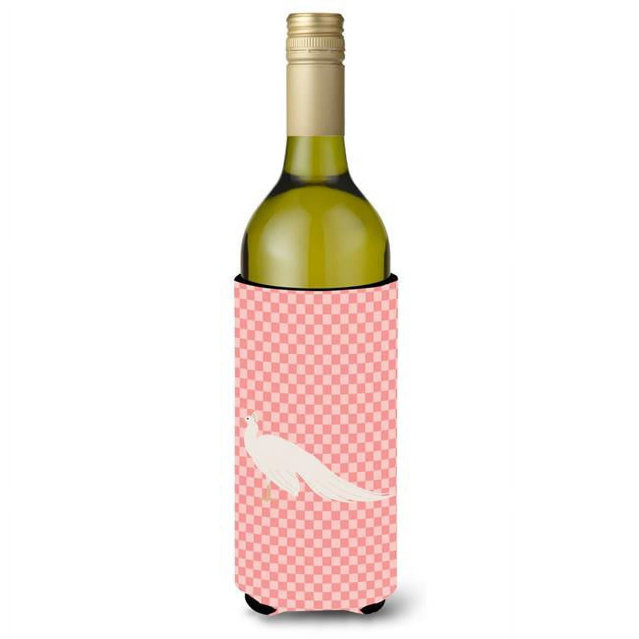 Picture of Carolines Treasures BB7926LITERK White Peacock Peafowl Pink Check Wine Bottle Beverge Insulator Hugger