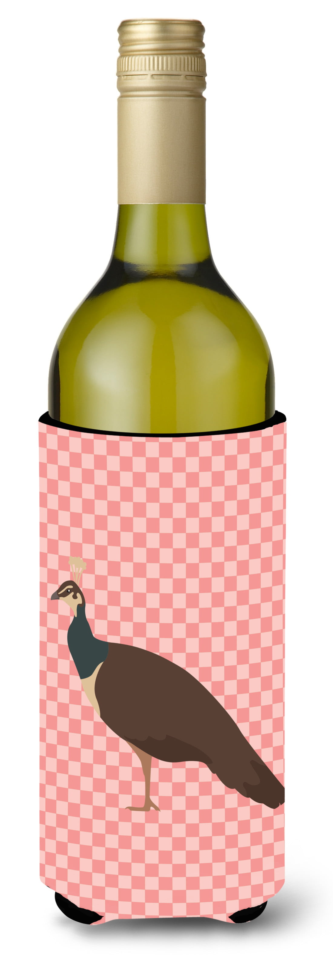 Picture of Carolines Treasures BB7927LITERK Indian Peahen Peafowl Pink Check Wine Bottle Beverge Insulator Hugger