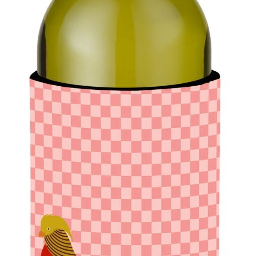 Picture of Carolines Treasures BB7928LITERK Golden or Chinese Pheasant Pink Check Wine Bottle Beverge Insulator Hugger