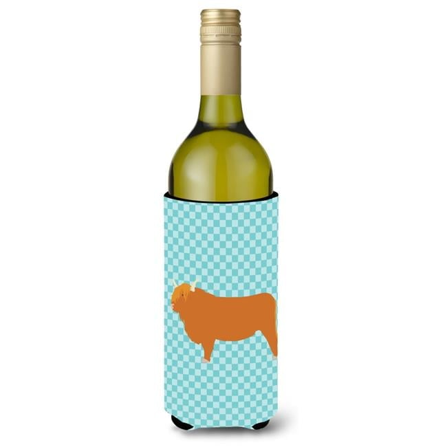 Picture of Carolines Treasures BB7994LITERK Highland Cow Blue Check Wine Bottle Beverge Insulator Hugger