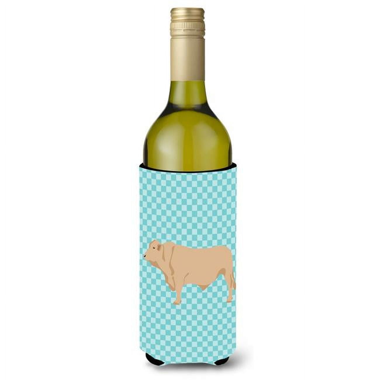 Picture of Carolines Treasures BB8000LITERK Charolais Cow Blue Check Wine Bottle Beverge Insulator Hugger