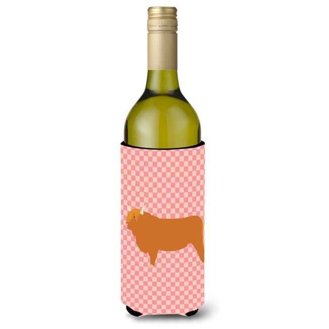 Picture of Carolines Treasures BB7820LITERK Highland Cow Pink Check Wine Bottle Beverge Insulator Hugger