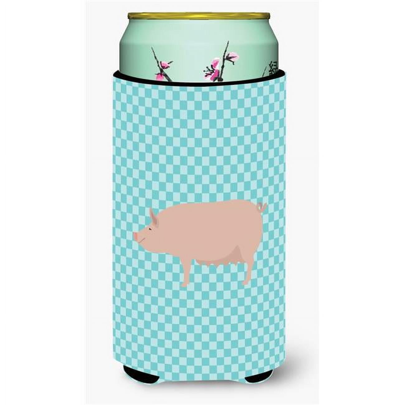 English Large White Pig Blue Check Tall Boy Beverage Insulator Hugger