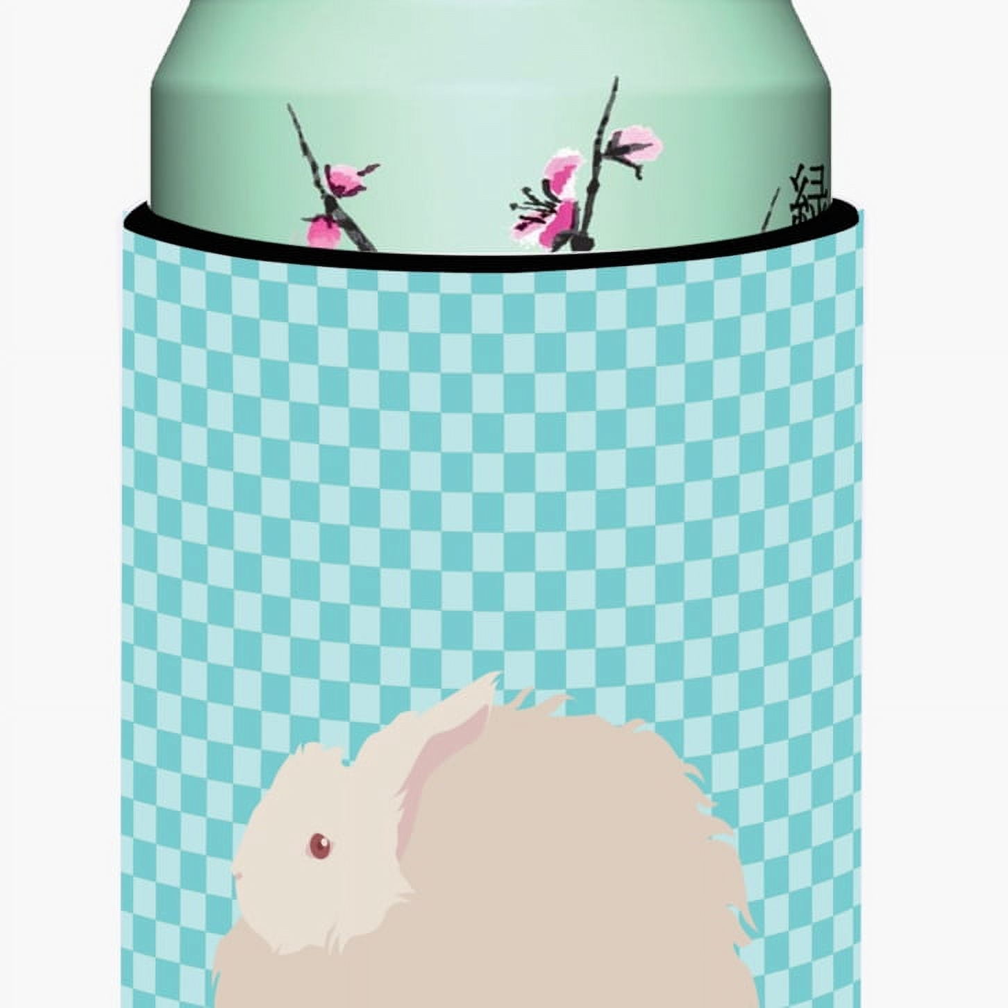 Fluffy Angora Rabbit Blue Check Tall Boy Beverage Insulator Hugger