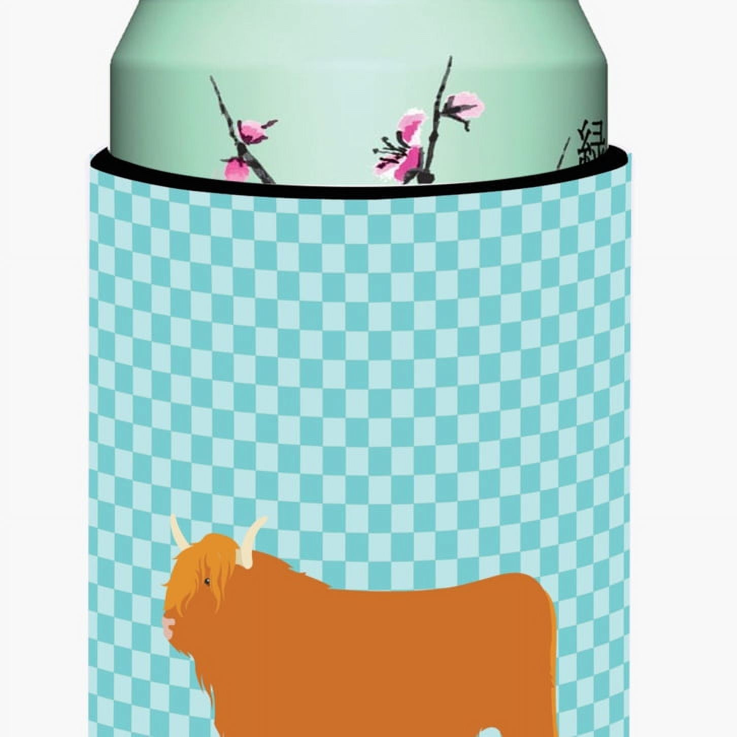 Highland Cow Blue Check Tall Boy Beverage Insulator Hugger