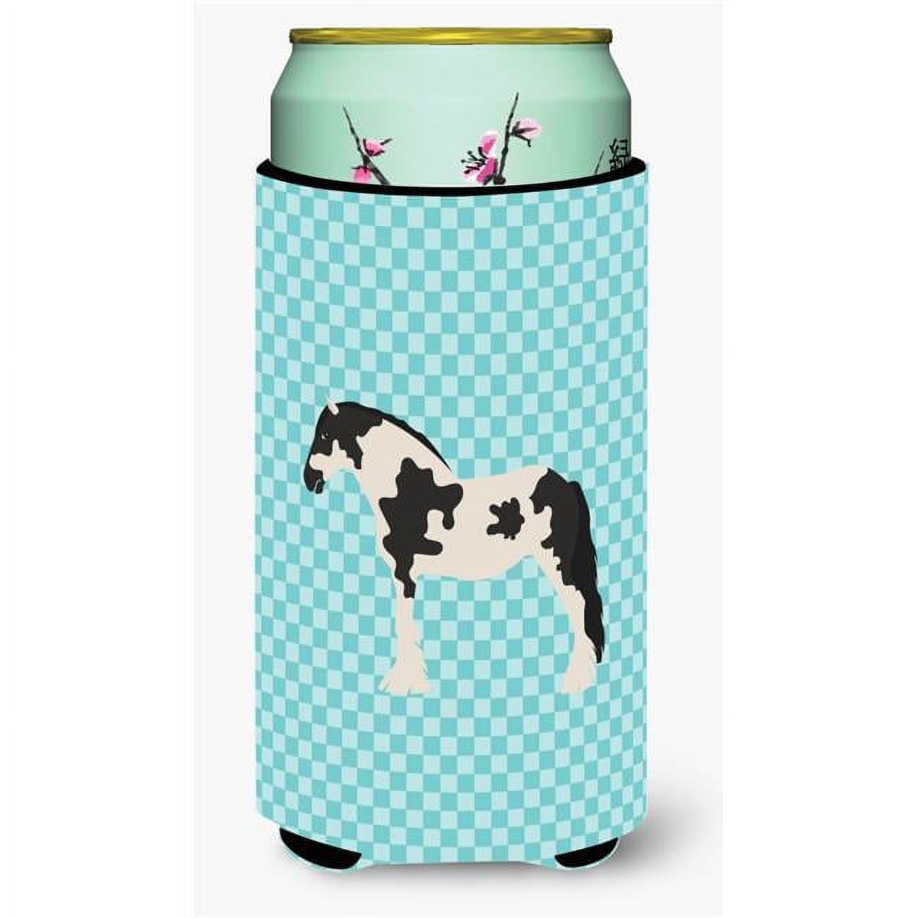 Cyldesdale Horse Blue Check Tall Boy Beverage Insulator Hugger - Blue Check - Tall Boy