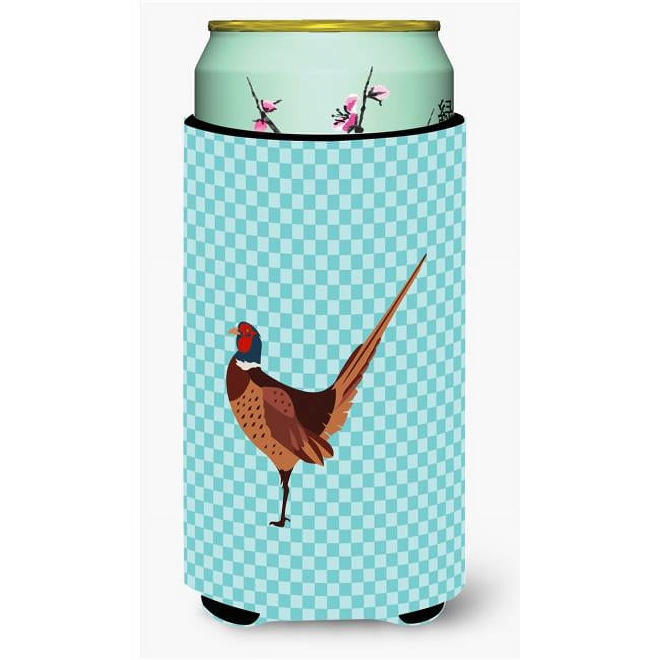 Ring-necked Common Pheasant Blue Check Tall Boy Beverage Insulator Hugger