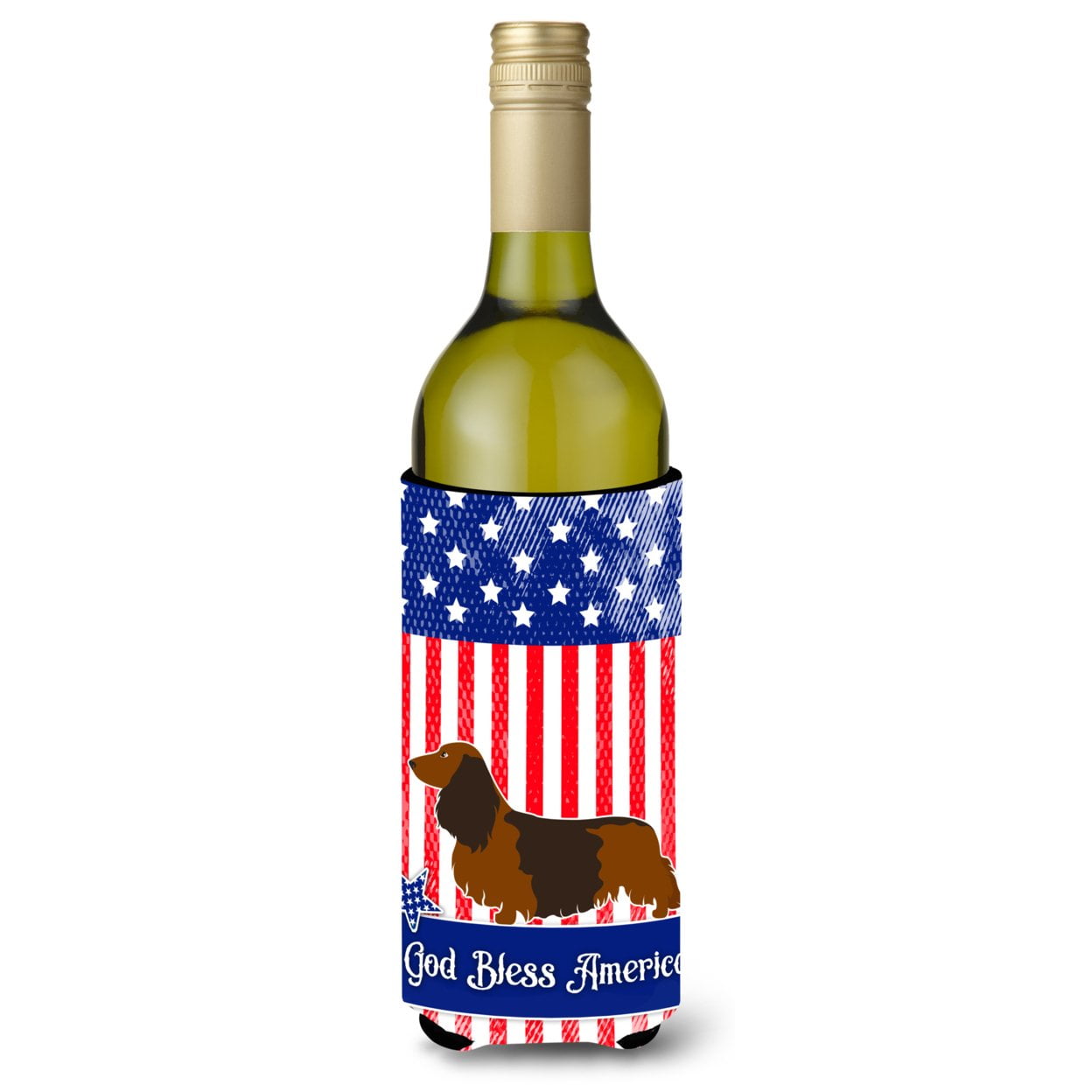 Picture of Carolines Treasures BB8368LITERK Longhaired Dachshund American Wine Bottle Beverge Insulator Hugger