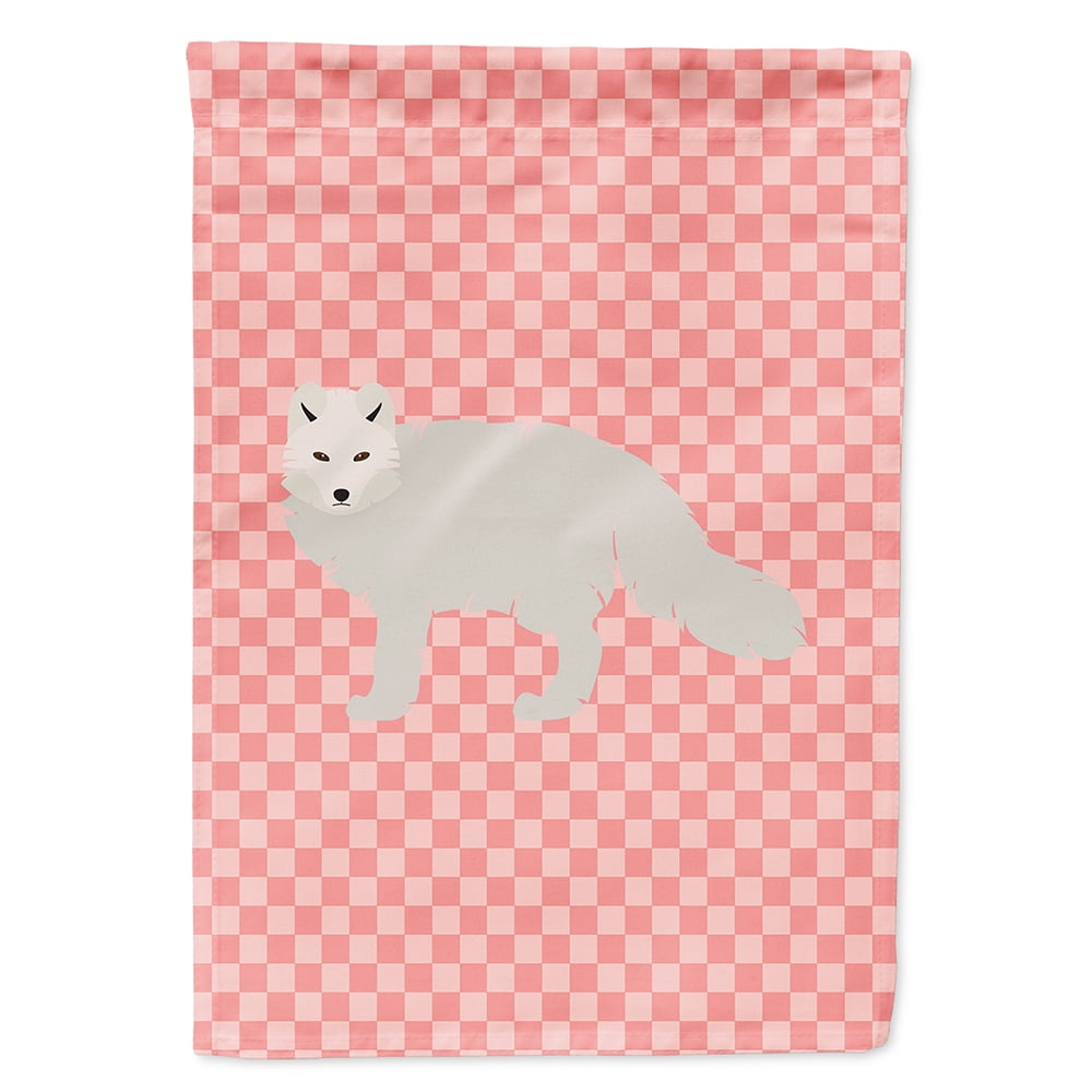 White Arctic Fox Pink Check Canvas House Flag - Pink