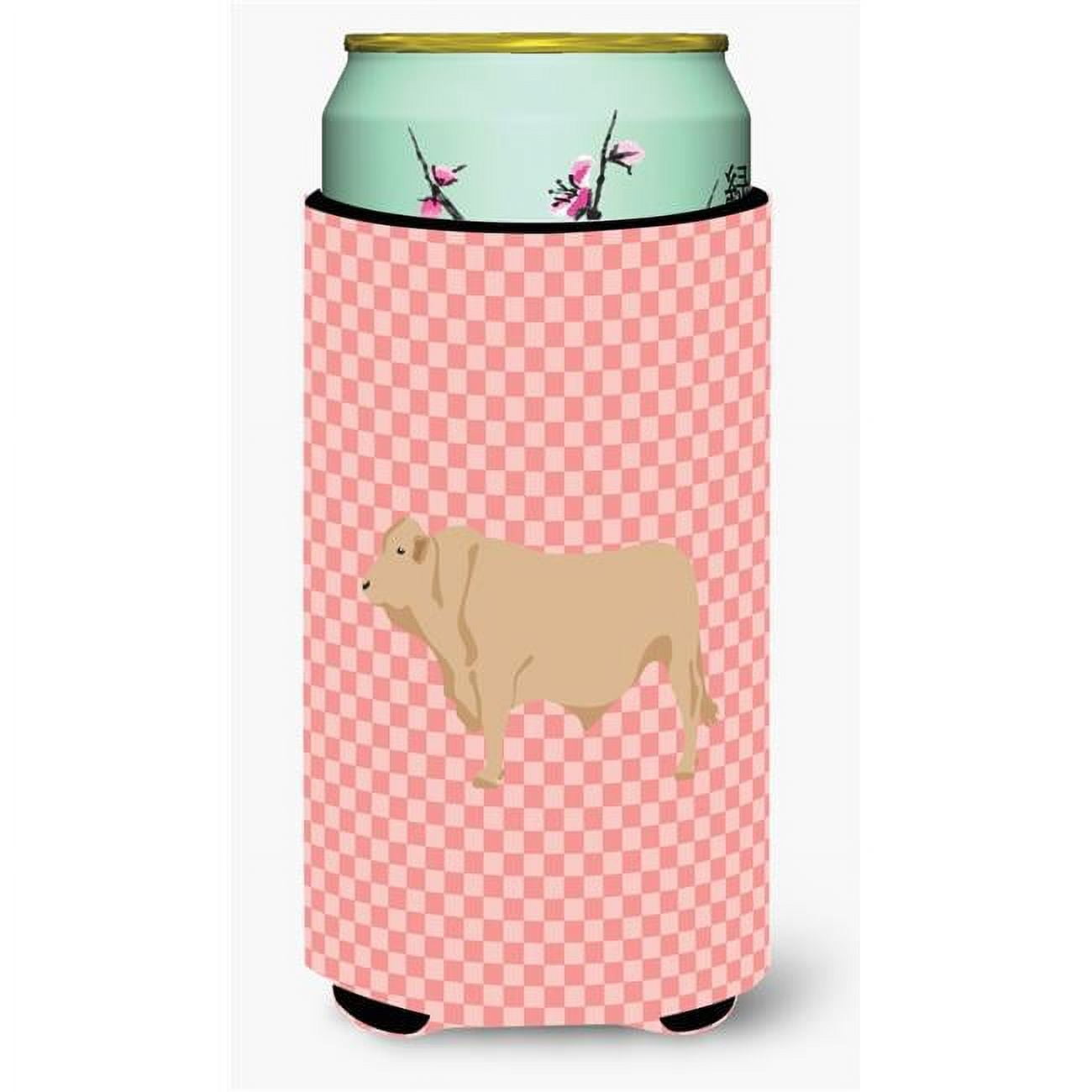 Charolais Cow Pink Check Tall Boy Beverage Insulator Hugger - Pink - Tall Boy