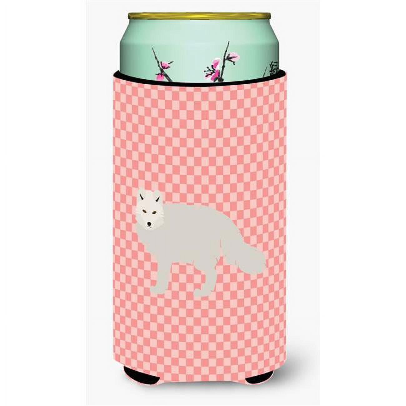White Arctic Fox Pink Check Tall Boy Beverage Insulator Hugger