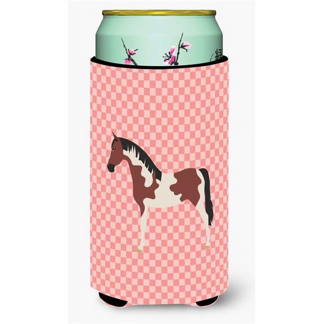 Pinto Horse Pink Check Tall Boy Beverage Insulator Hugger