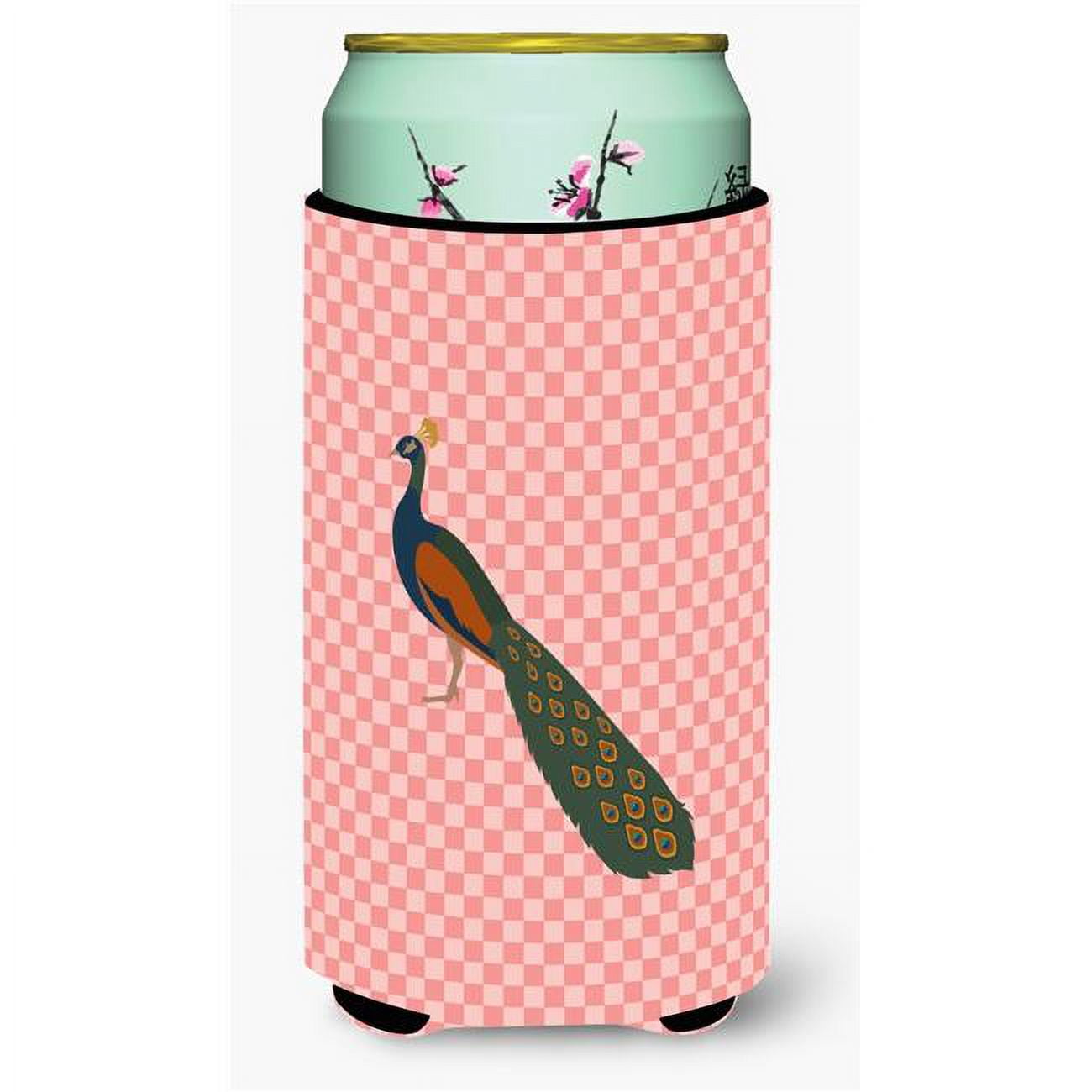 Indian Peacock Peafowl Pink Check Tall Boy Beverage Insulator Hugger