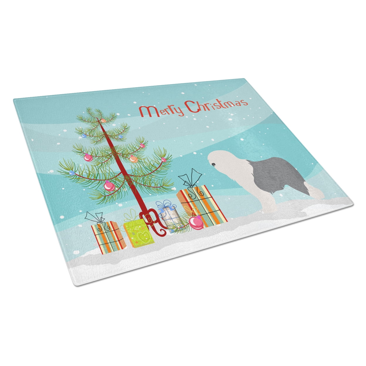 BB8456LCB Old English Sheepdog Bobtail Christmas Glass Cutting Board - Large