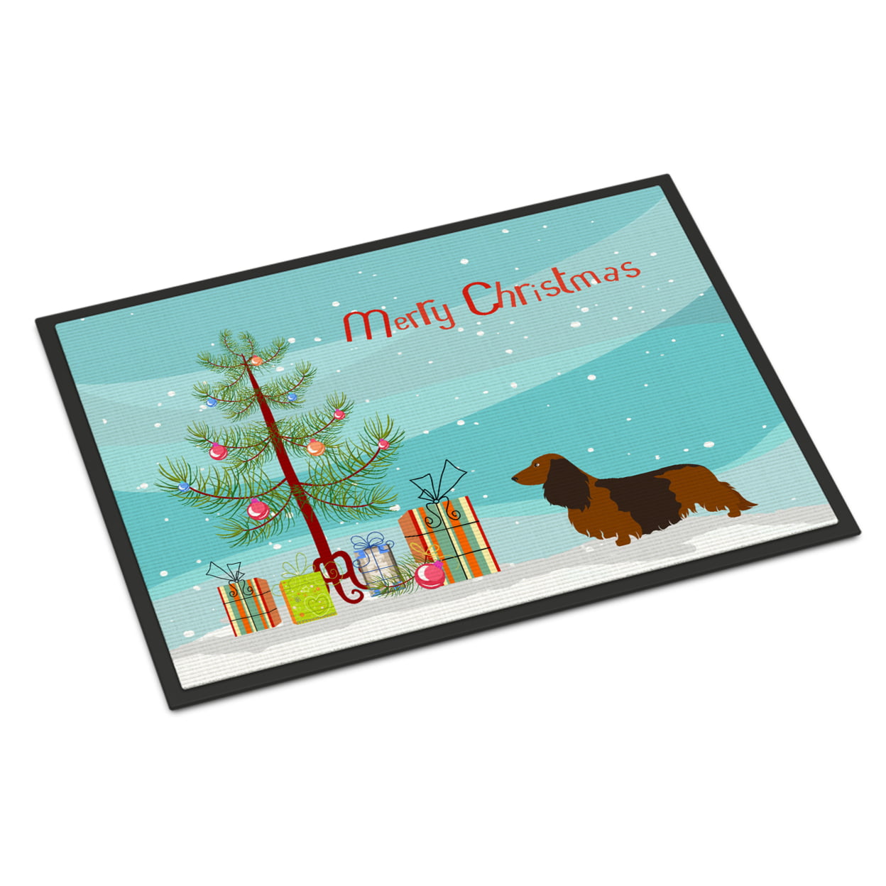 Picture of Carolines Treasures BB8449MAT Longhaired Dachshund Christmas Indoor or Outdoor Mat - 18 x 27 in.