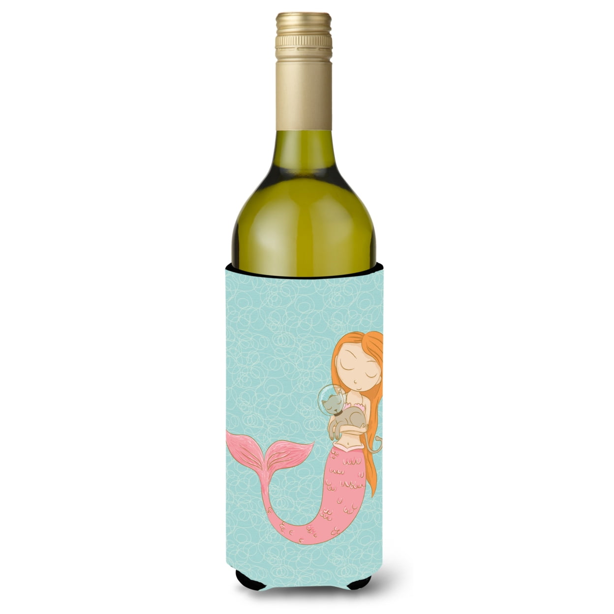 Picture of Carolines Treasures BB8577LITERK Mermaid with Cat Wine Bottle Beverge Insulator Hugger