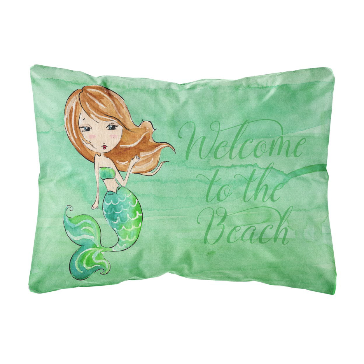 BB8515PW1216 Mermaid Welcome Green Canvas Fabric Decorative Pillow