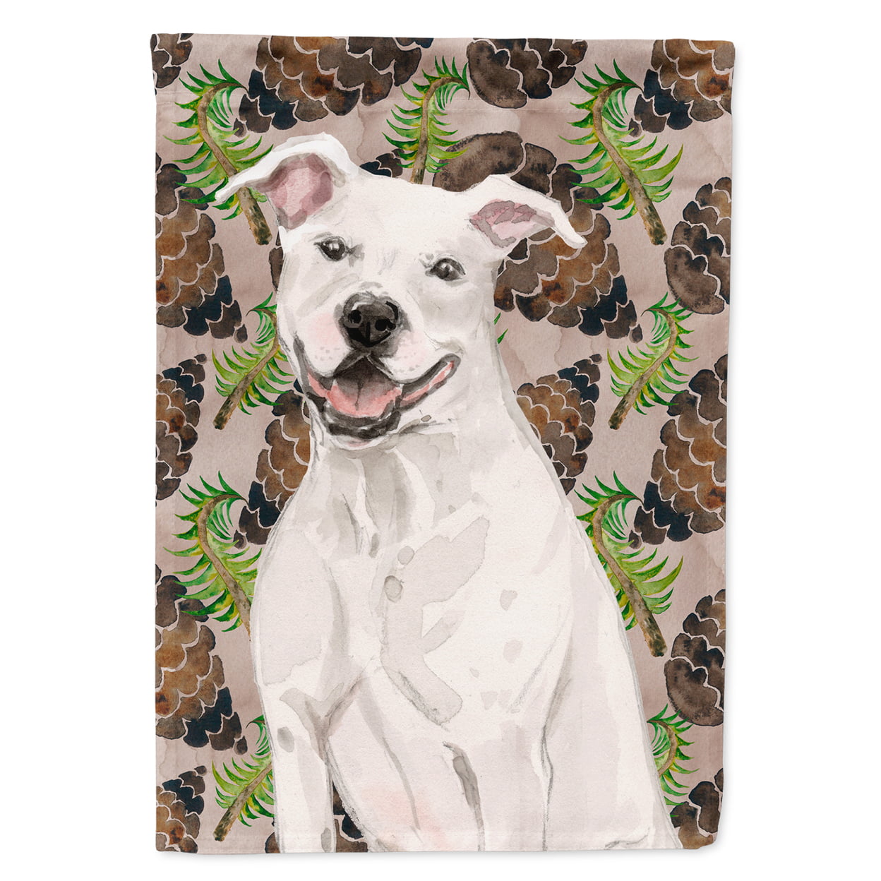 White Staffie Bull Terrier Pine Cones Flag Canvas - House Size