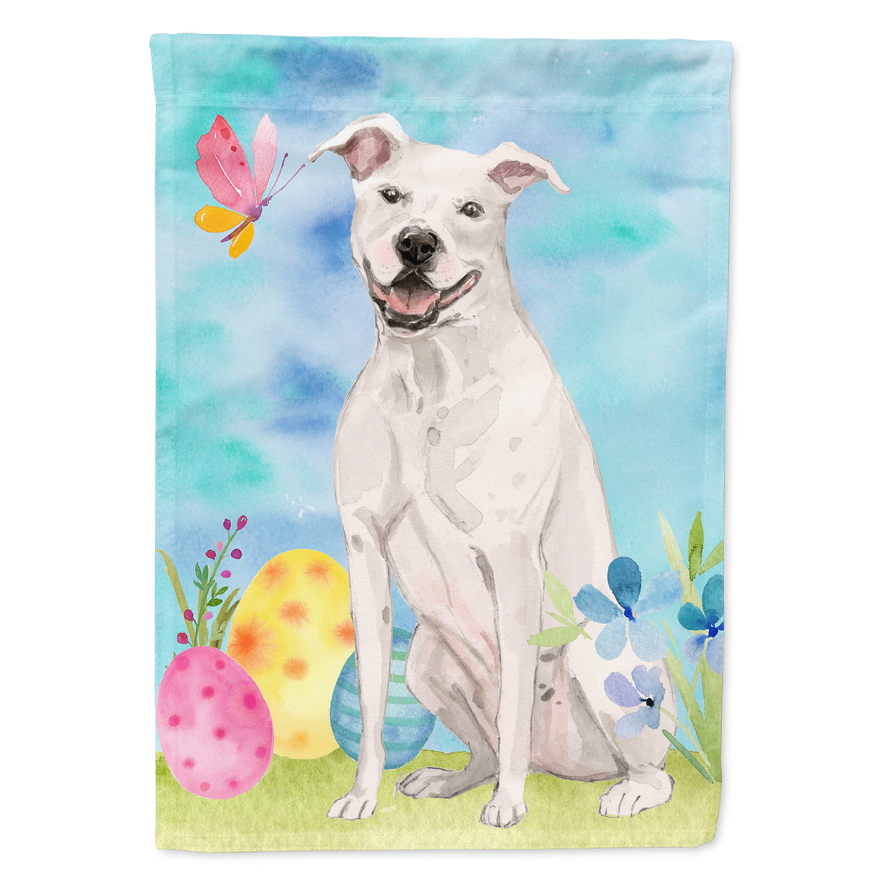 BB9606CHF White Staffie Bull Terrier Easter Flag Canvas - House Size