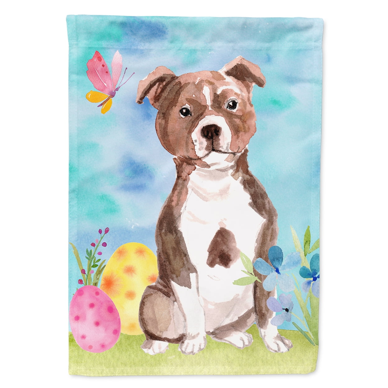 Red Staffie Bull Terrier Easter Flag Canvas - House Size