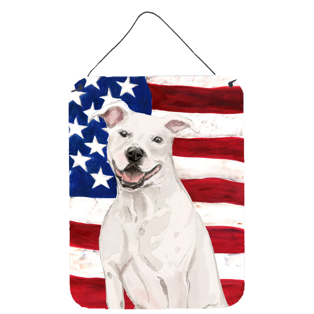 Picture of Carolines Treasures BB9361DS1216 White Staffie Bull Terrier Patriotic Wall or Door Hanging Prints