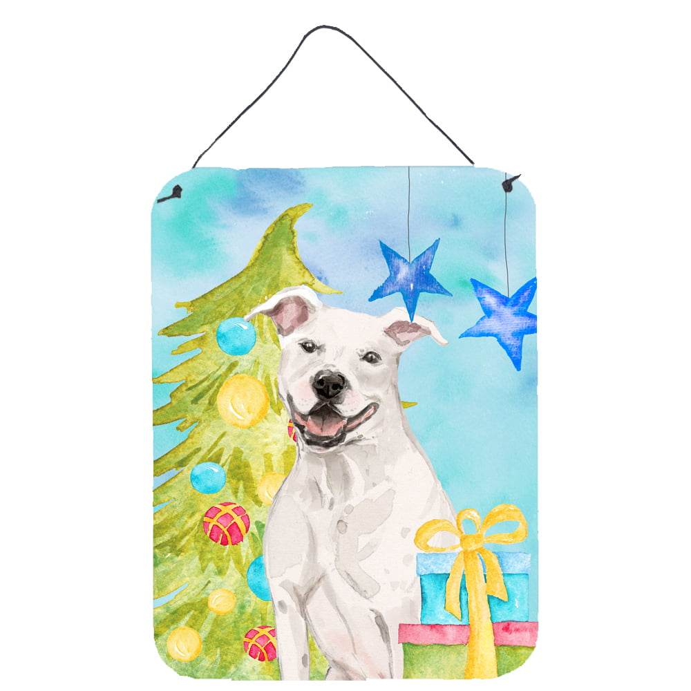 Picture of Carolines Treasures BB9396DS1216 White Staffie Bull Terrier Christmas Wall or Door Hanging Prints