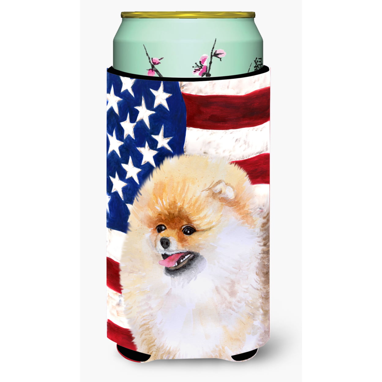 Pomeranian Patriotic Tall Boy Beverage Insulator Hugger