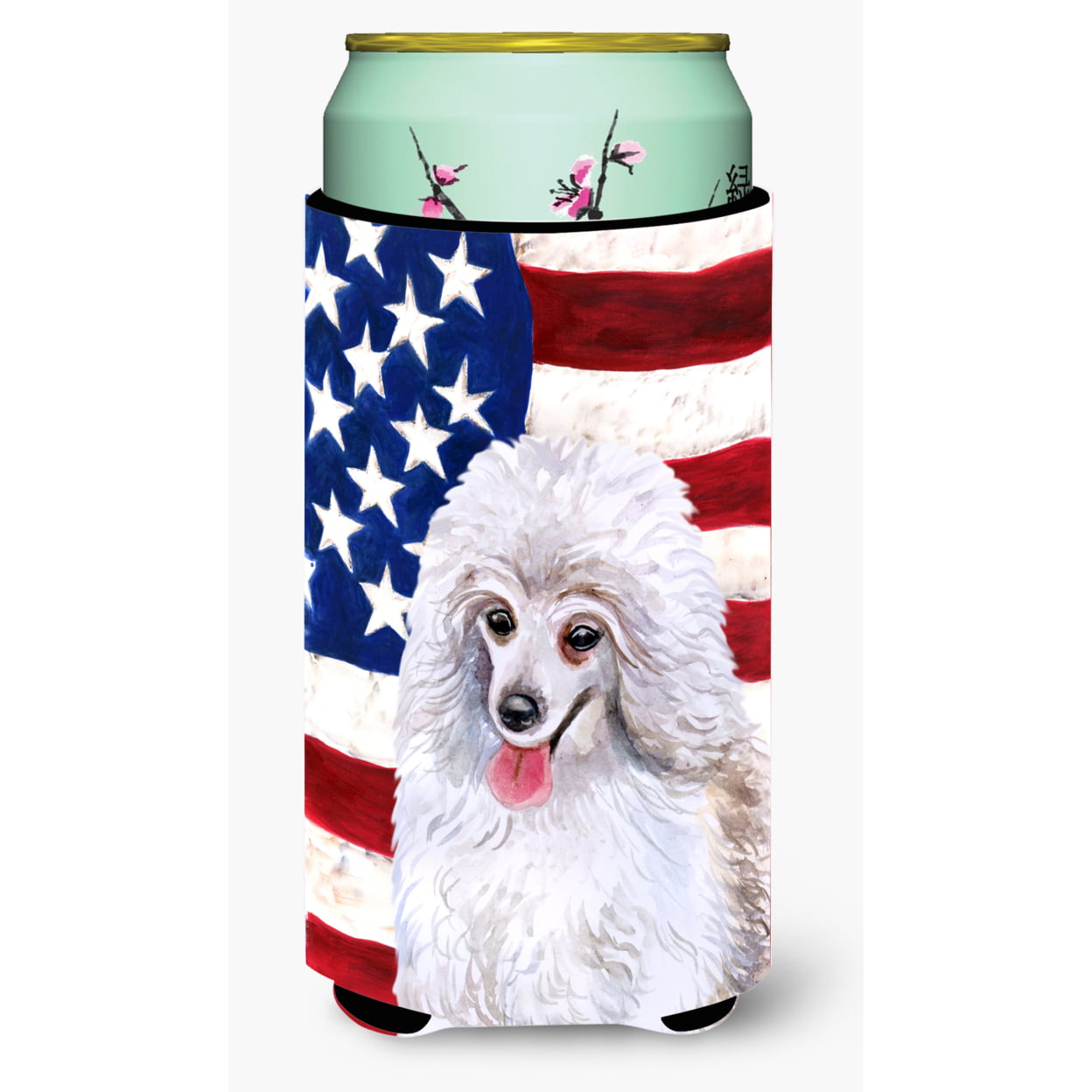 Medium White Poodle Patriotic Tall Boy Beverage Insulator Hugger